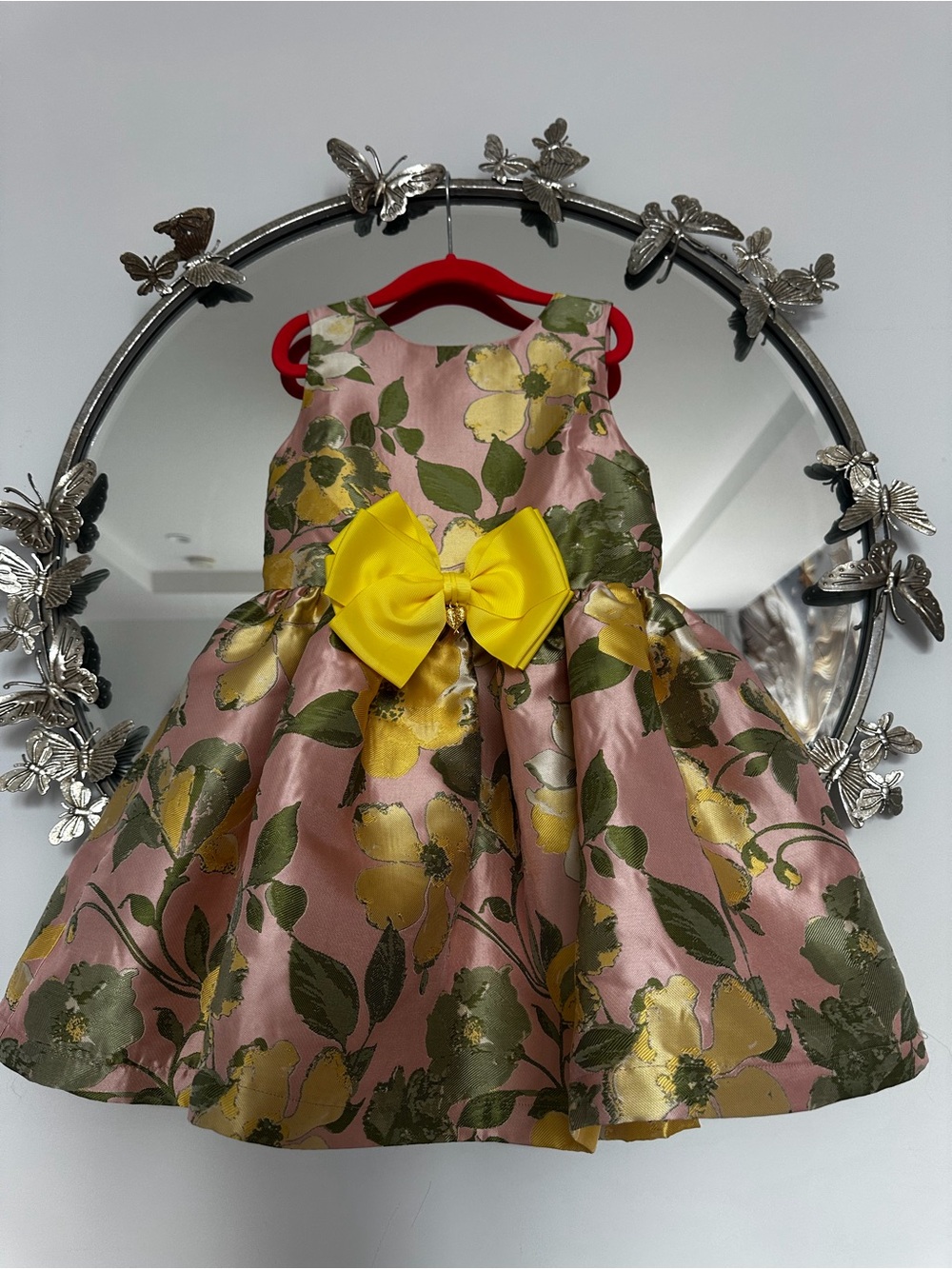 Angels Pink Floral Party Dress with Yellow Bow Accent